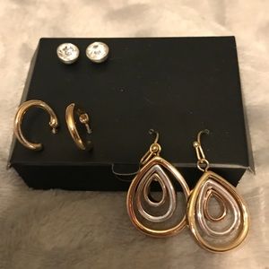 3 piece earring set. Silver, gold, rose gold tones
